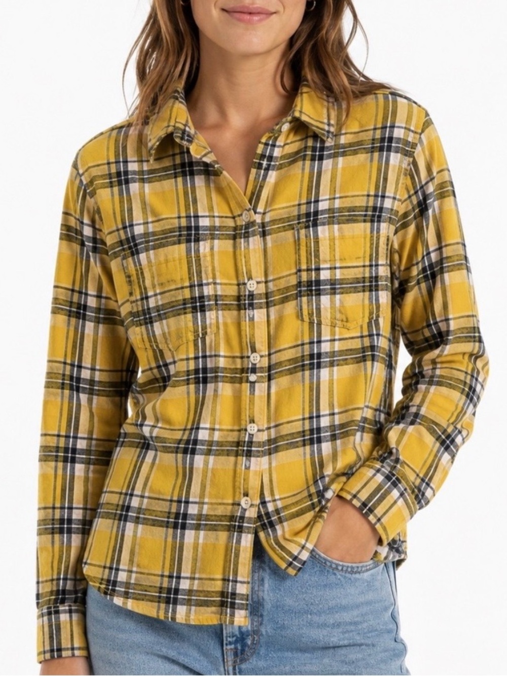 Old Navy Yellow and Blue Plaid Flannel Button-Down Shirt Small TALL